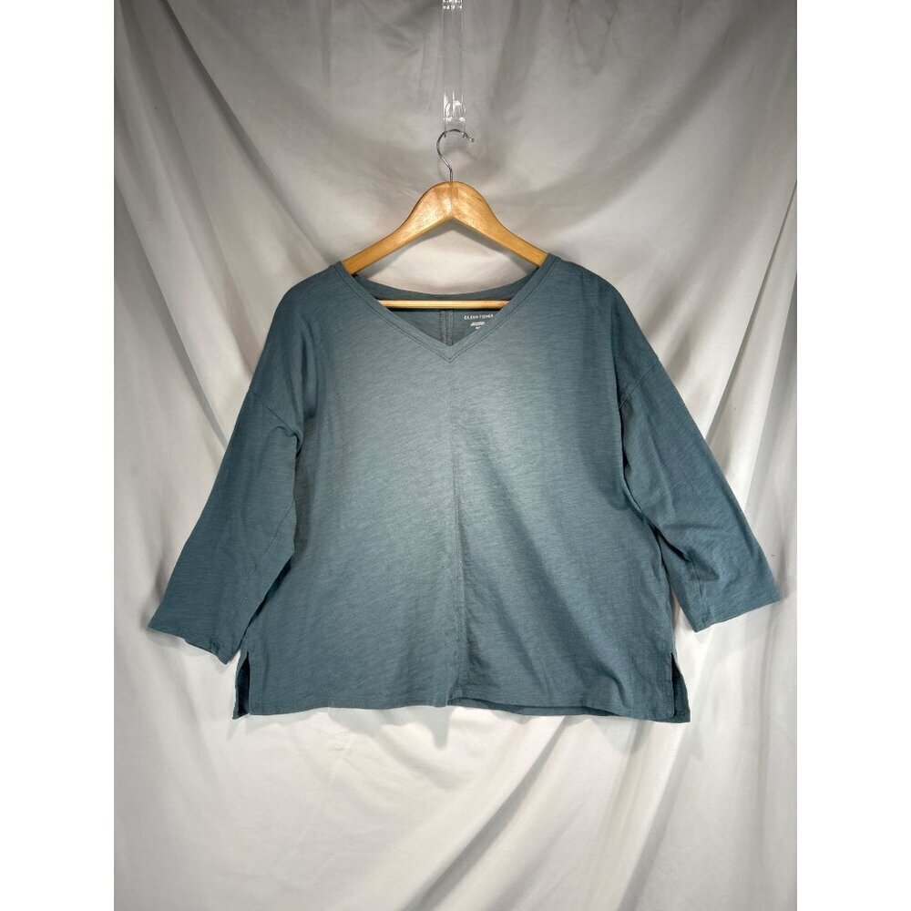 Eileen Fisher Women's Blue Blouse Top Heather V-Neck Long Sleeve Size M (C-4)